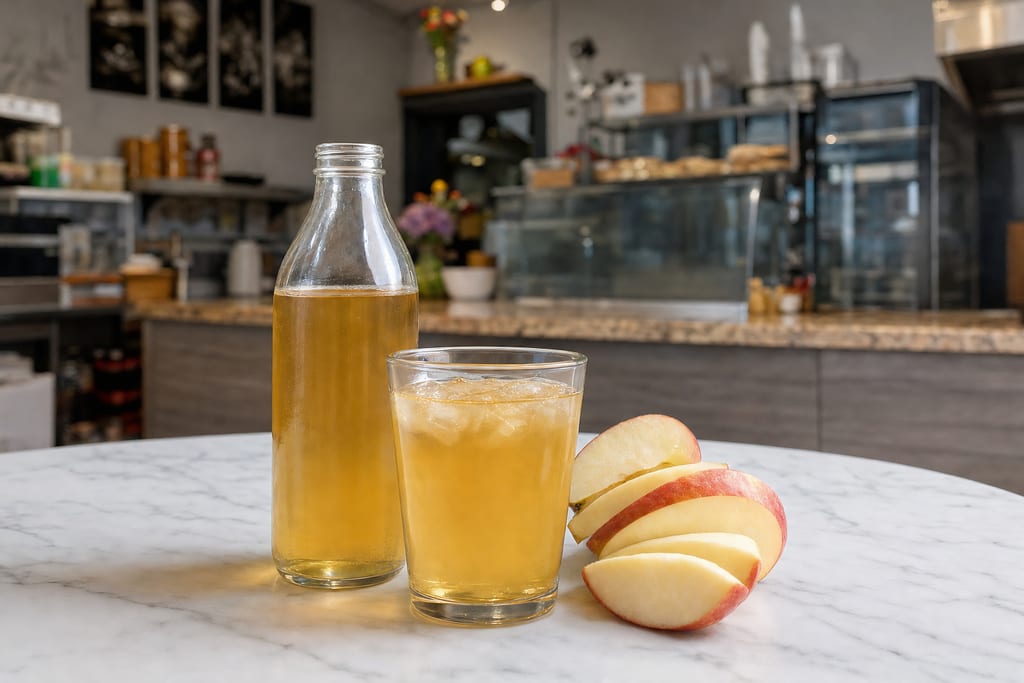 Apple juice: a glass bottle and a glass of golden juice over ice beside sliced red apple, the order counter behind