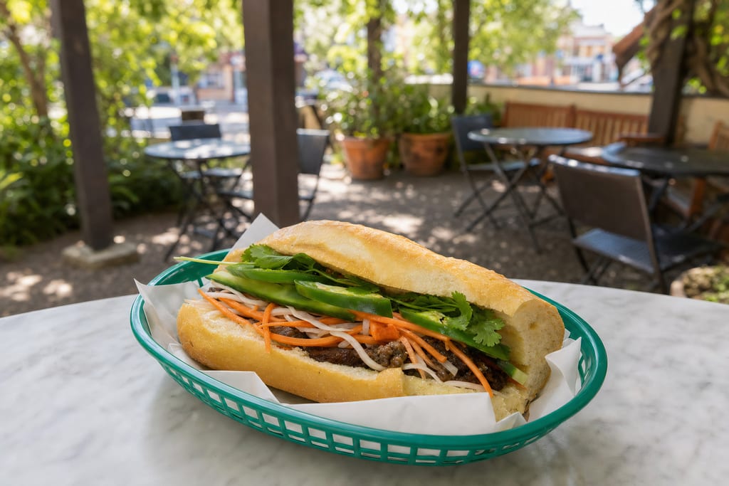 Five spice beef banh mi: braised beef, pickled carrot and daikon, jalapeño and cilantro in a green basket on the patio