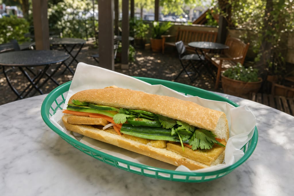 Organic tofu banh mi: golden seared tofu, cucumber, carrot, jalapeño and cilantro in a green basket on the patio