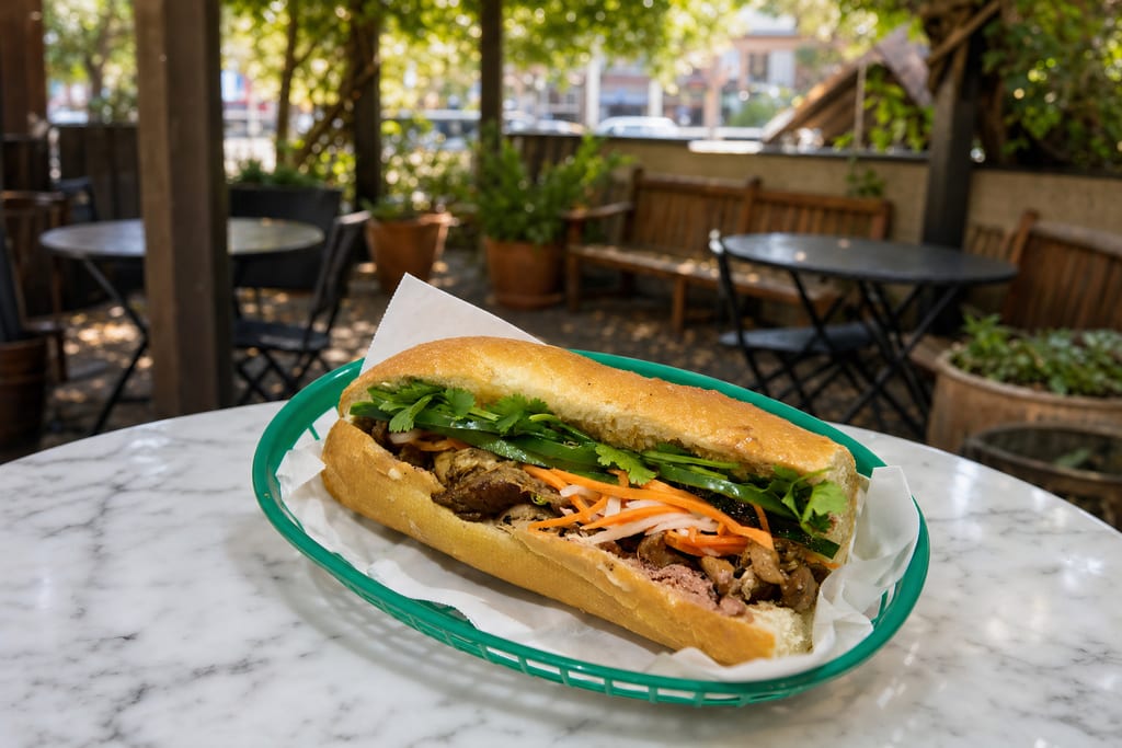 Original banh mi: sliced meats, pickled carrot and daikon, jalapeño and cilantro in a green basket on the patio