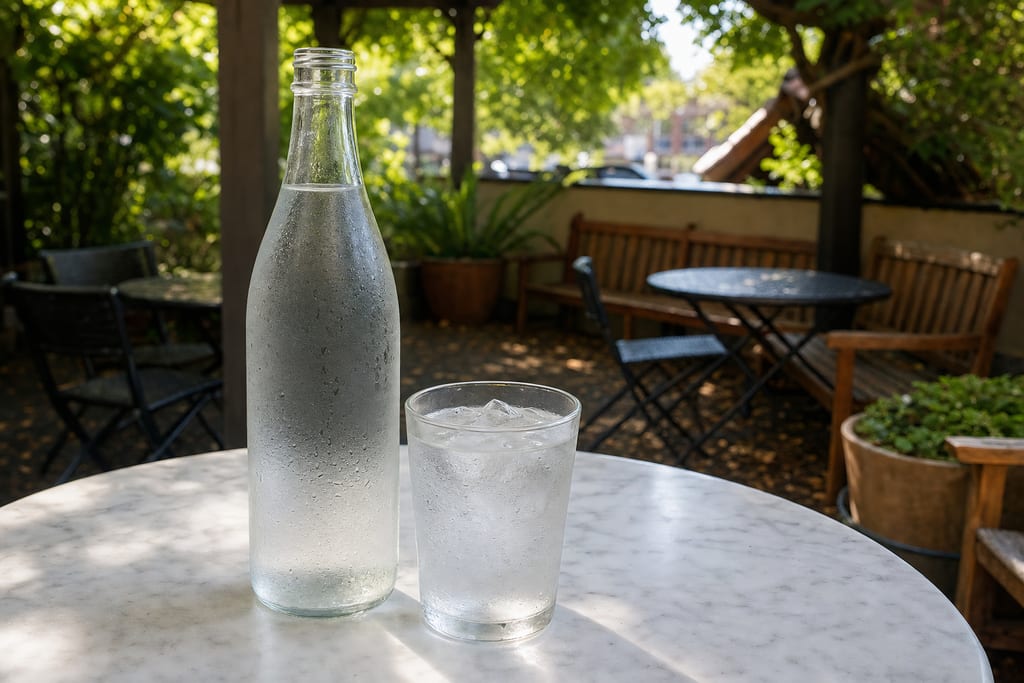 Bottled water: a cold glass bottle beaded with condensation beside a glass of ice water on a marble patio table