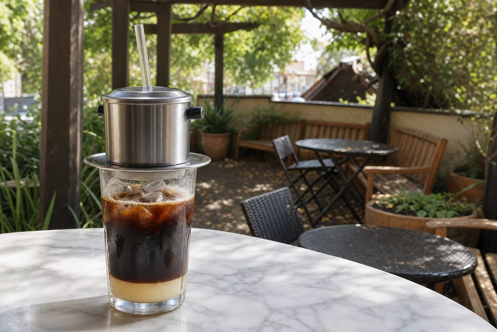 Vietnamese iced coffee: a steel phin filter on a glass of dark coffee and ice over a layer of condensed milk, on the patio
