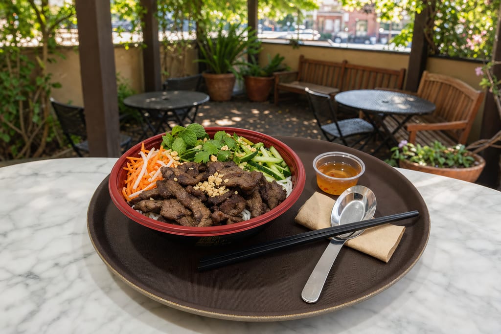 Beef fresh bowl: grilled beef, crushed peanuts, pickles, cucumber and mint in a red bowl on a brown tray with nuoc cham