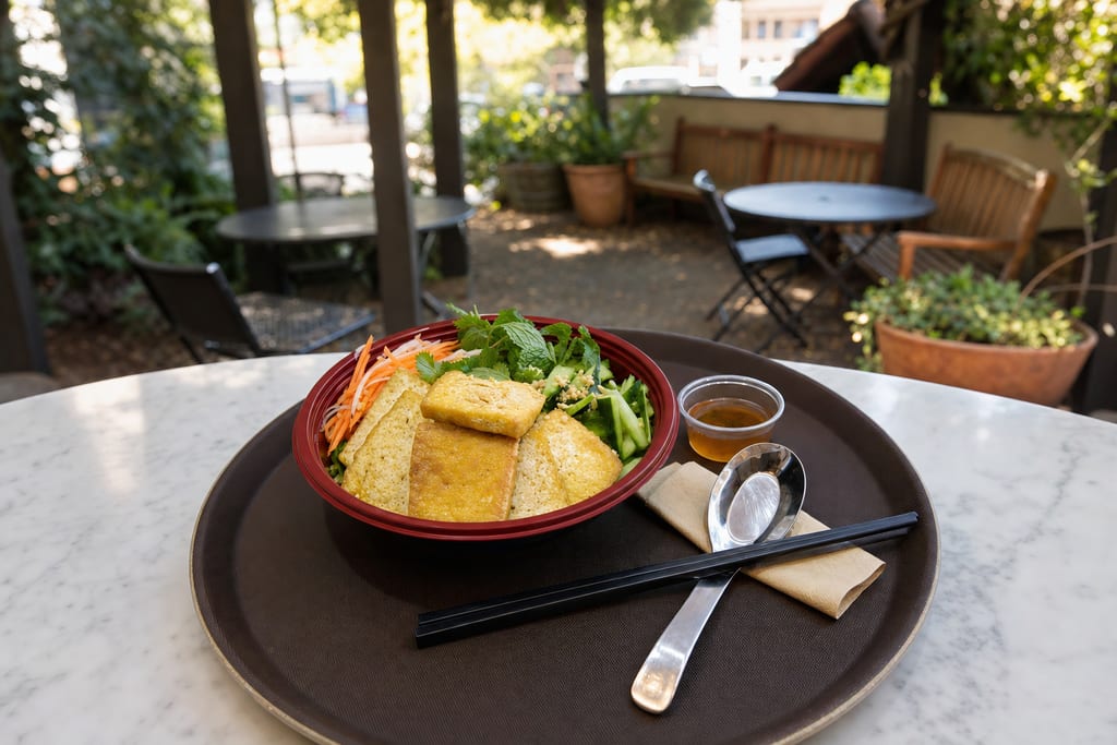 Tofu fresh bowl: golden fried tofu slabs, pickles, cucumber, mint and peanuts in a red bowl on a tray with nuoc cham