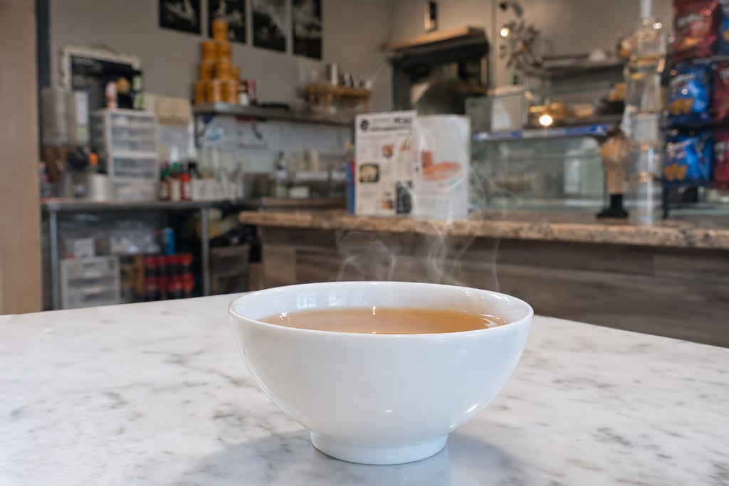 Hot tea: steam rising from a white cup of amber tea on a marble table, the order counter softly behind