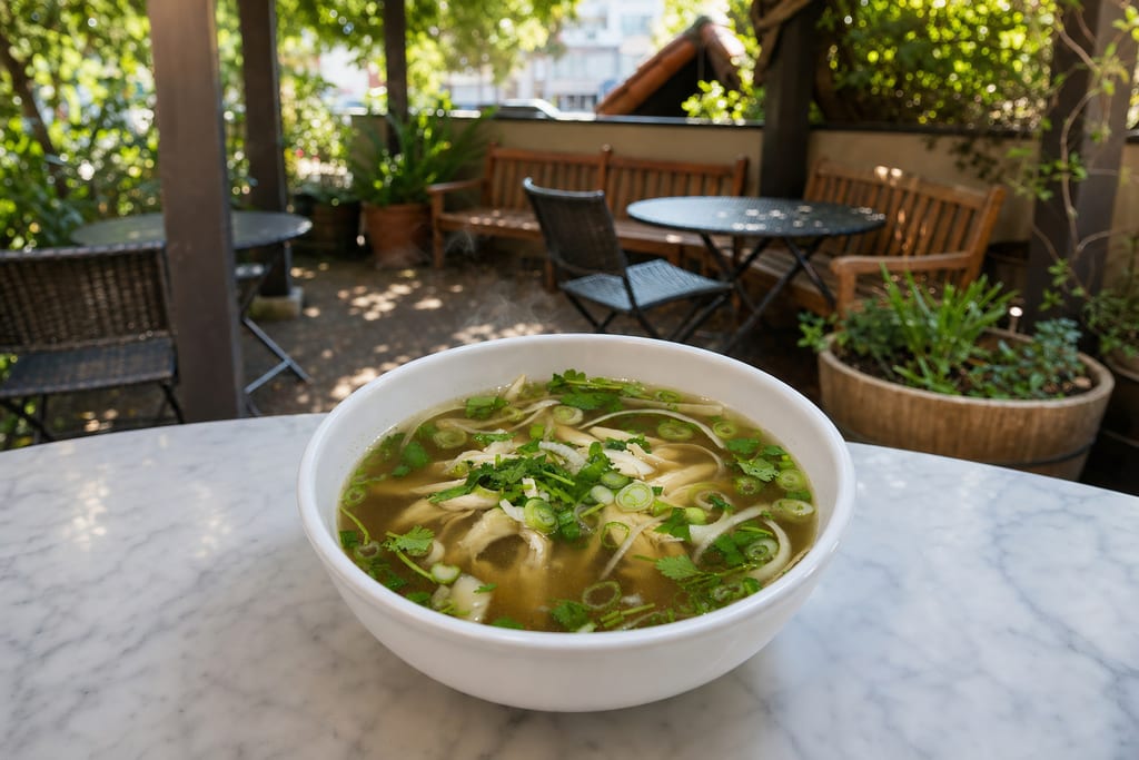 Chicken pho: shredded chicken, green onion and cilantro in clear golden broth in a white bowl on the patio