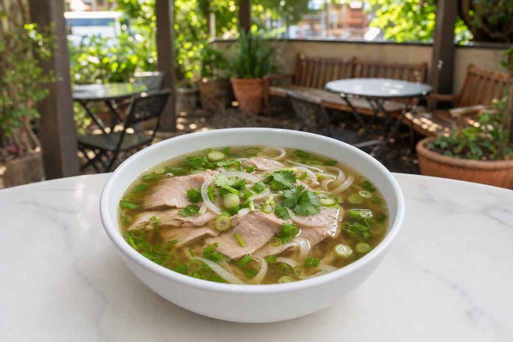 Pork pho: sliced pork, rice noodles, onion and green onion in clear broth in a white bowl on the patio