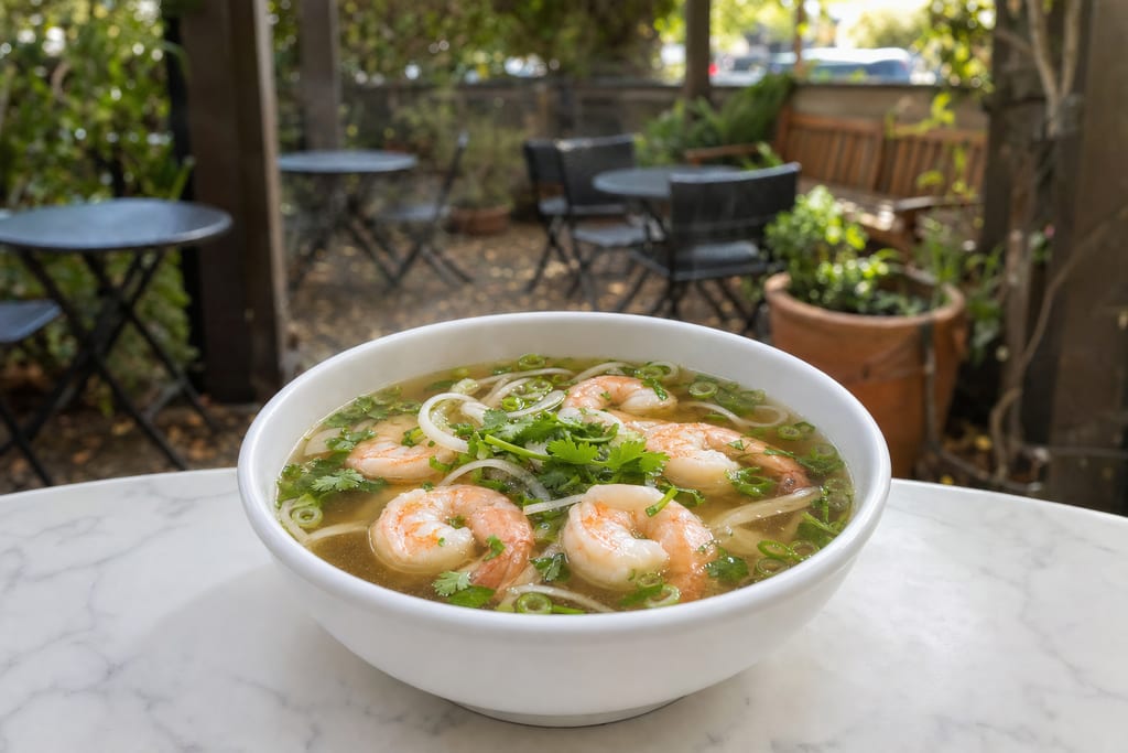 Shrimp pho: plump pink shrimp, green onion, cilantro and onion slices in clear broth in a white bowl on the patio