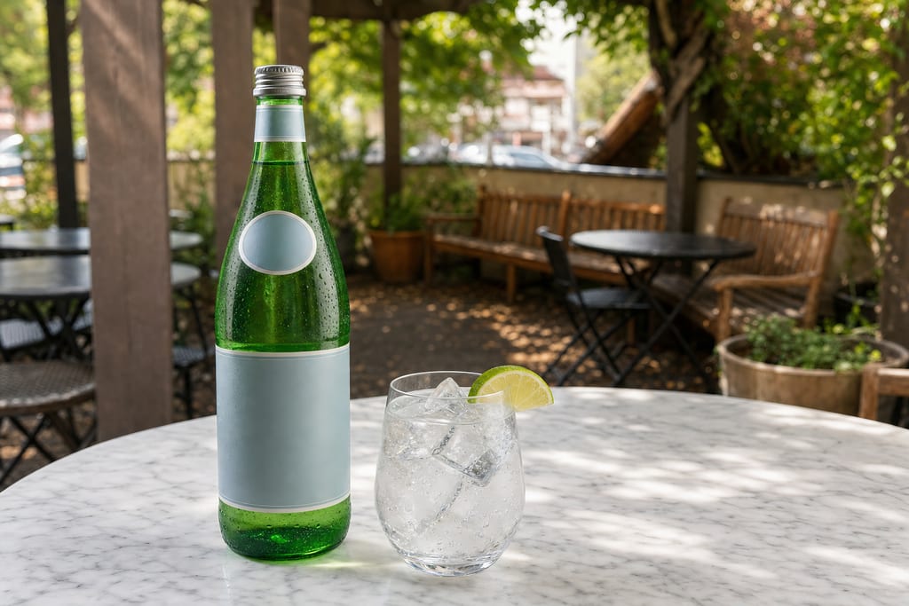 Sparkling mineral water: a green glass bottle with a plain blue label beside a glass of fizzy water with ice and lime