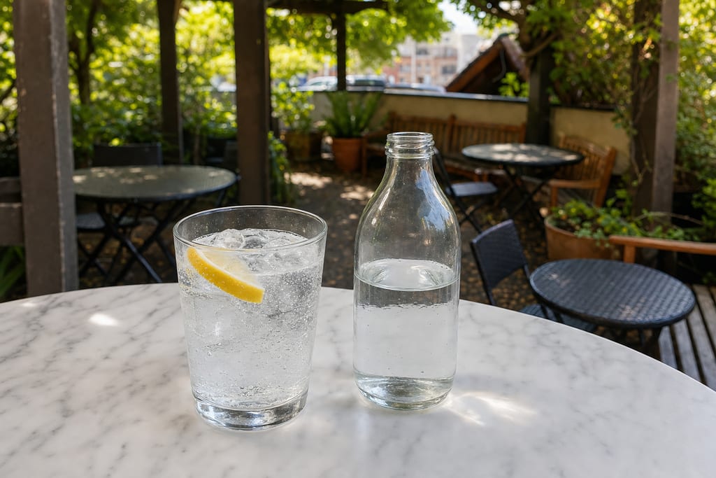 Sparkling water: a glass of fizzy water with ice and a lemon wedge beside a clear glass bottle on a marble patio table