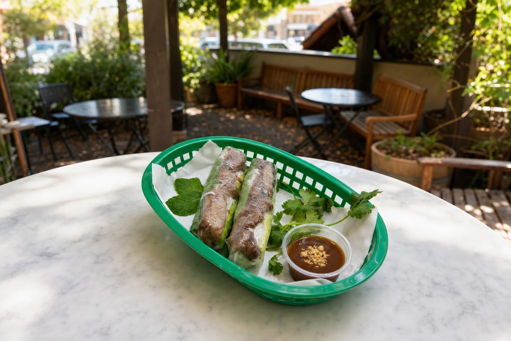 Beef spring rolls: two whole rolls of grilled beef, lettuce and vermicelli, with peanut sauce and mint in a green basket
