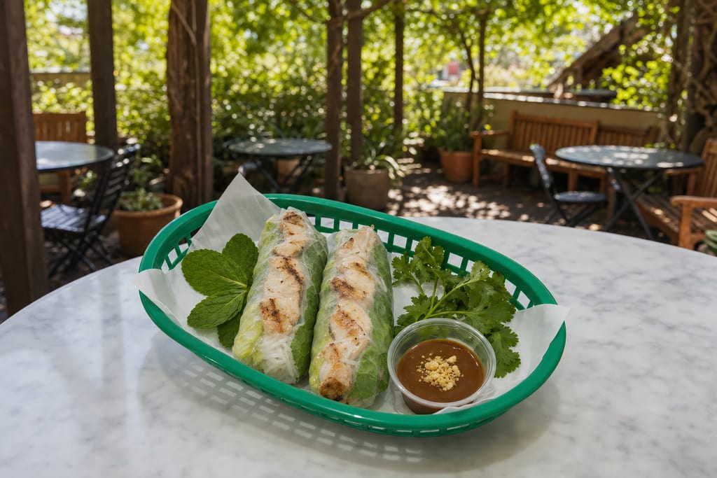 Chicken spring rolls: two rolls with grill-marked chicken, lettuce and vermicelli, peanut sauce and mint in a green basket