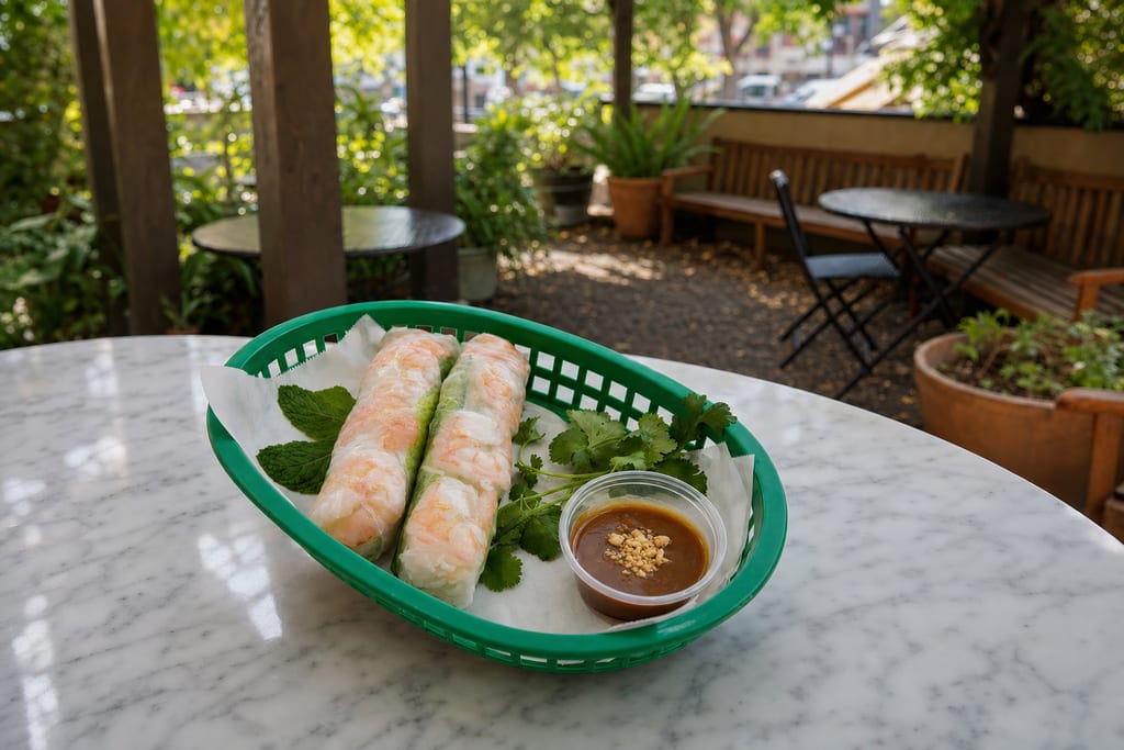 Shrimp spring rolls: two rolls with pink shrimp showing through the rice paper, peanut sauce and mint in a green basket