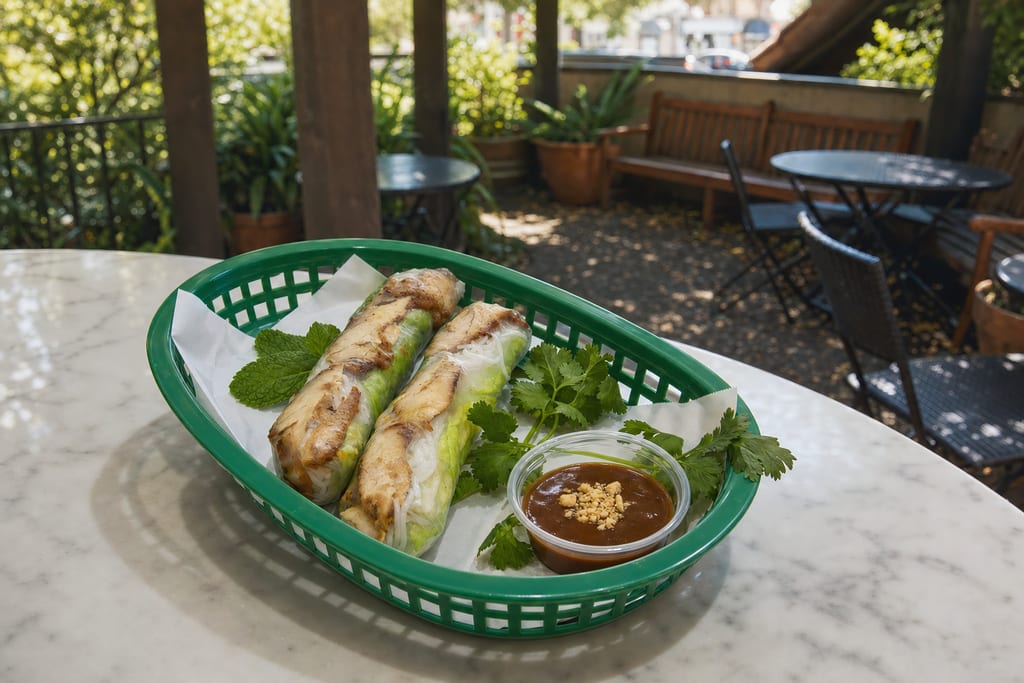 Tofu spring rolls: two rolls with golden seared strips, lettuce and vermicelli, peanut sauce and mint in a green basket