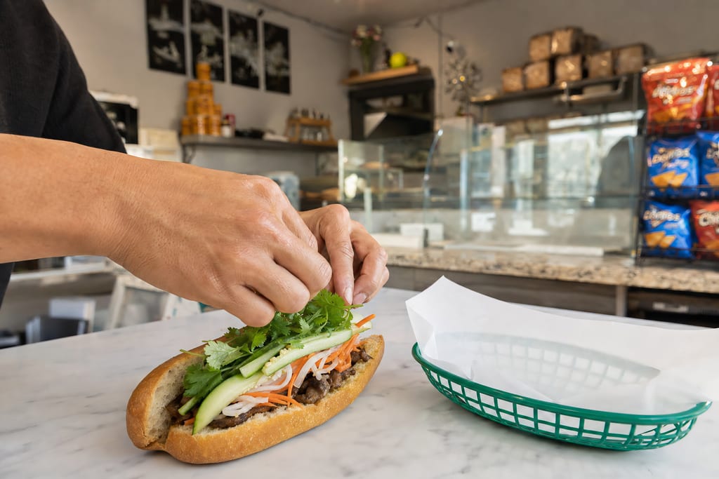 A cook's hands tuck cilantro into a banh mi of grilled meat, pickles and cucumber on a marble counter beside a green basket