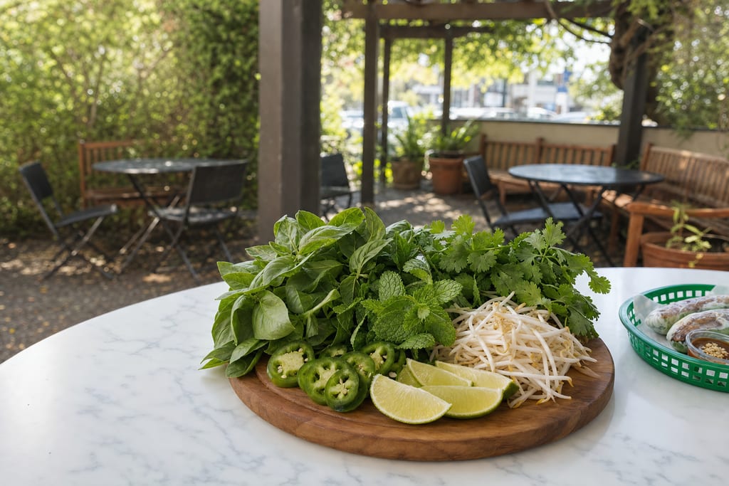 A wooden board piled with basil, mint, cilantro, bean sprouts, sliced jalapeño and lime wedges on a marble patio table