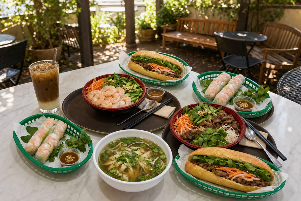 A marble patio table set with two banh mi, shrimp spring rolls, chicken pho, two vermicelli bowls and an iced coffee