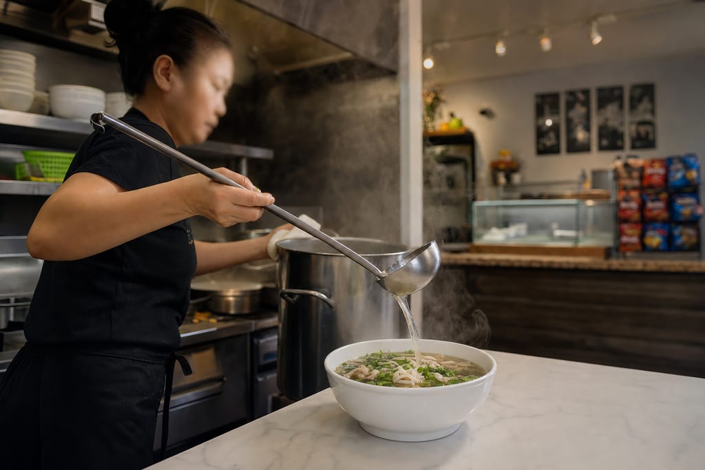 A cook in a black apron ladles clear steaming broth from a steel stockpot into a white bowl of noodles at the counter