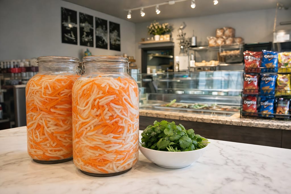 Two large glass jars of pickled carrot and daikon beside a white bowl of cilantro on a marble counter, the shop behind