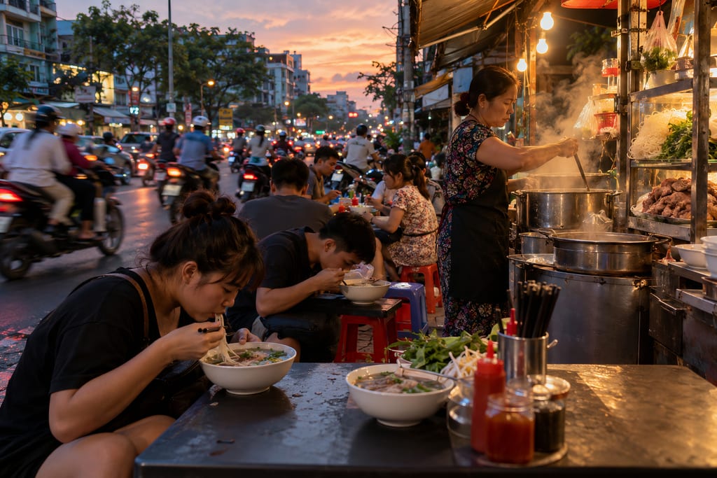 A Saigon sidewalk at dusk: diners eating pho on red stools beside a steaming noodle stall as scooters pass in the street