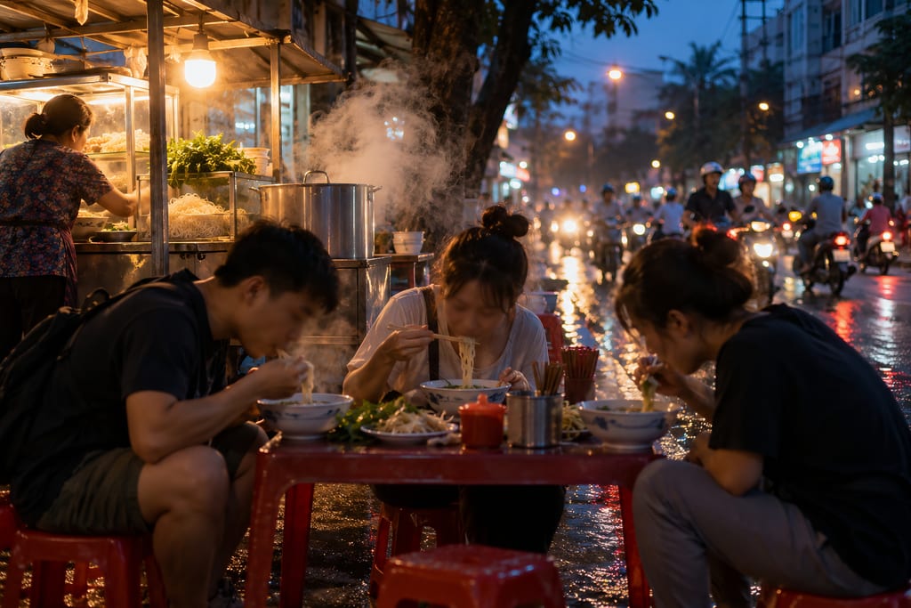 Three diners on low red stools slurp noodle soup at a red table on a wet Saigon street at dusk, a steaming stall behind