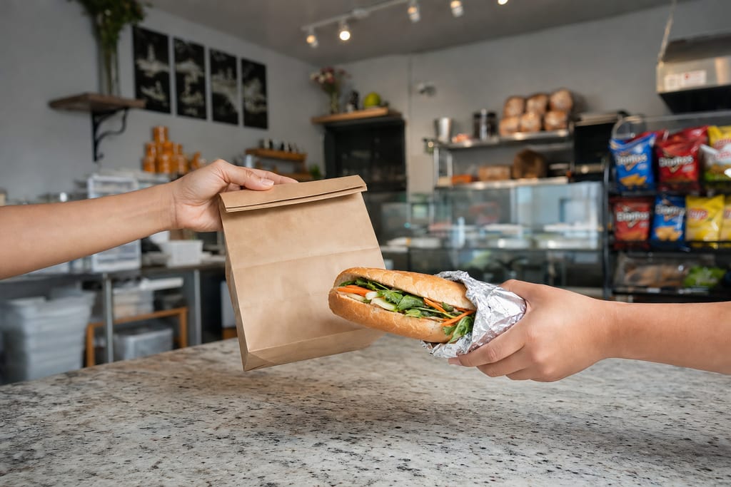 A hand holds out a brown paper bag while another holds a foil-wrapped banh mi, across the speckled stone counter